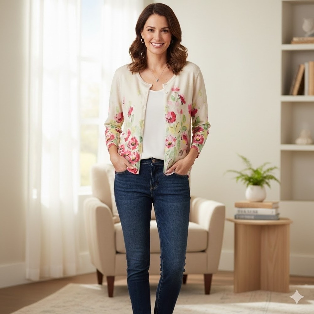 Garnet Hill Cream Floral Print Button Front Cardigan Sweater XS Spring Summer